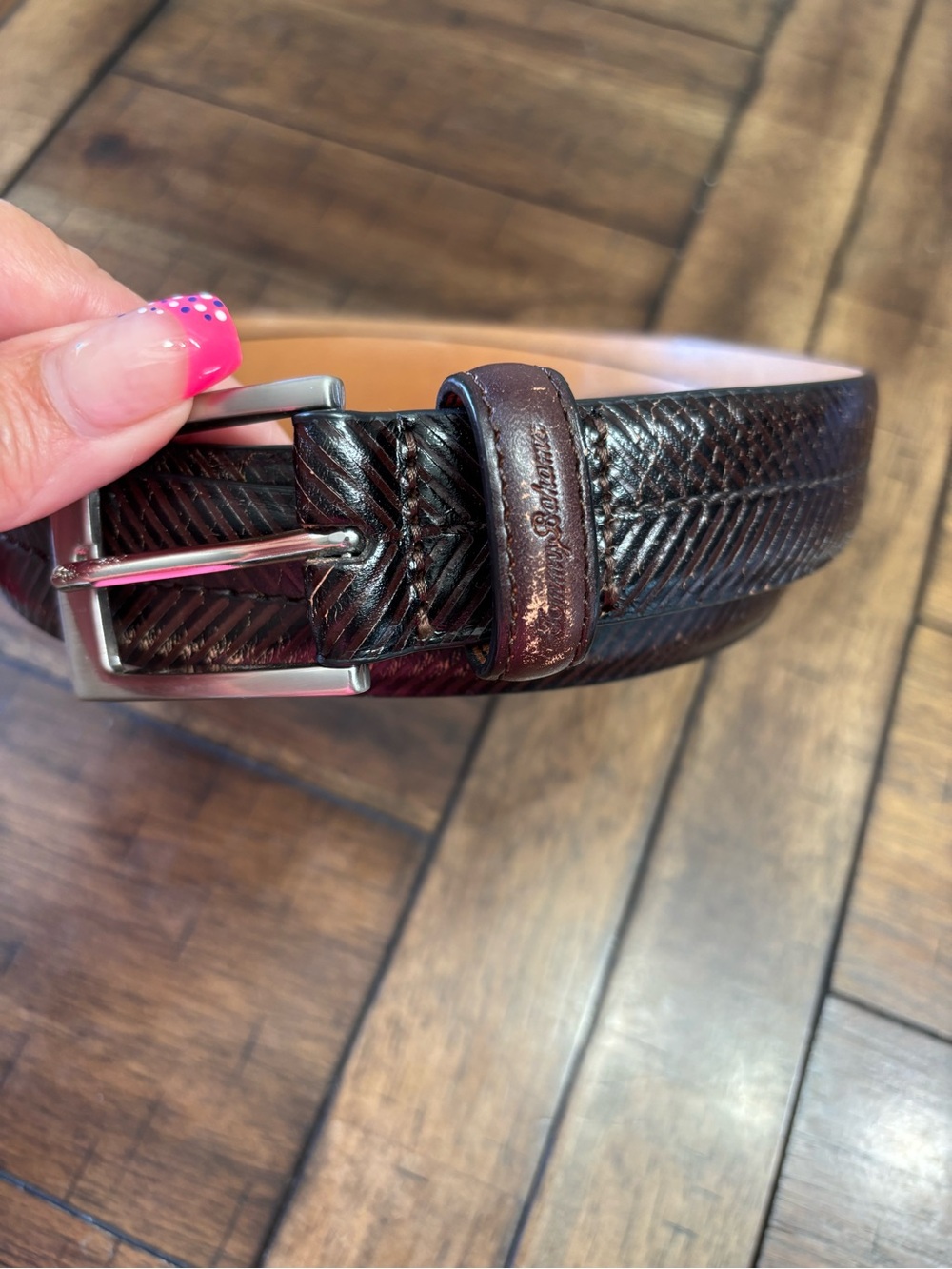 Tommy Bahama Dark Brown Textured Leather Belt with Silver Buckle